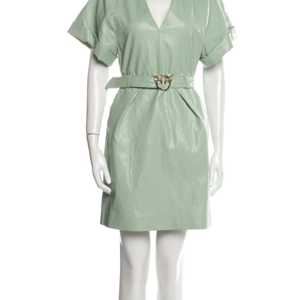 Pinko Faux Leather Mint Green Logo Belted Shirt Dress XS / 2 NWOT